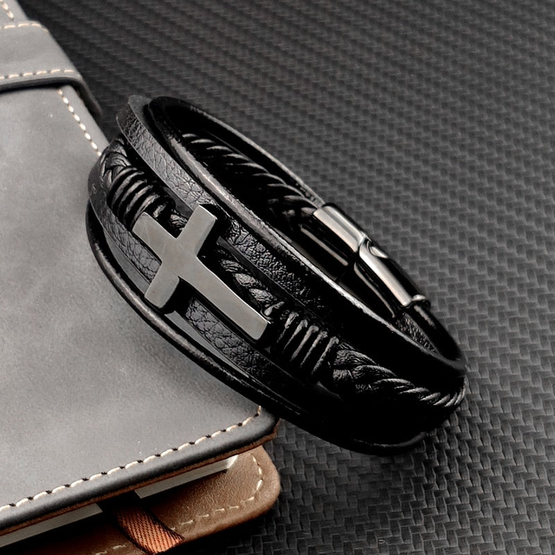 Men's Leather Cross Bracelet